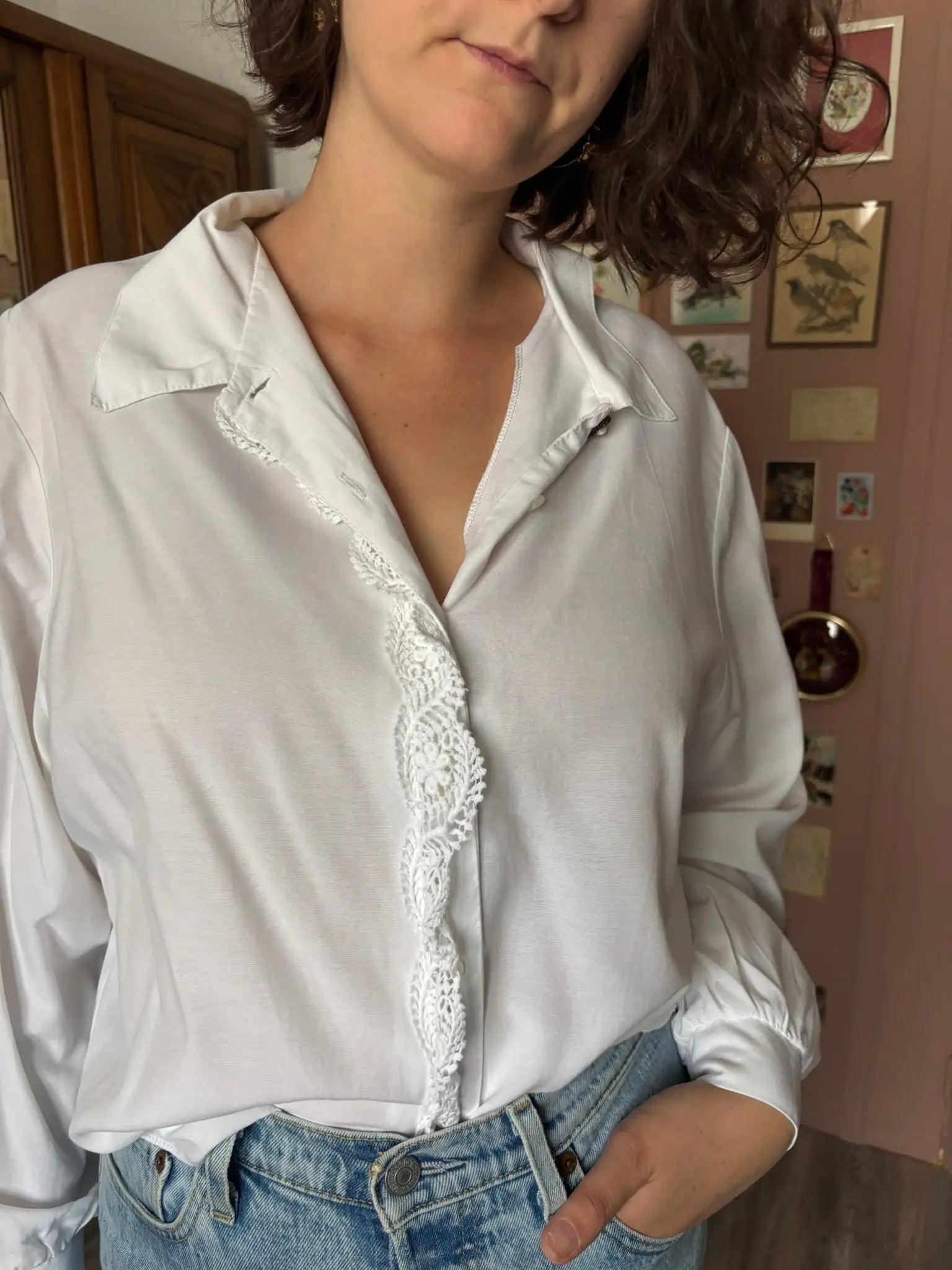 Chemise vintage blanche à guipure –  Du 38 au 42  - Années 80