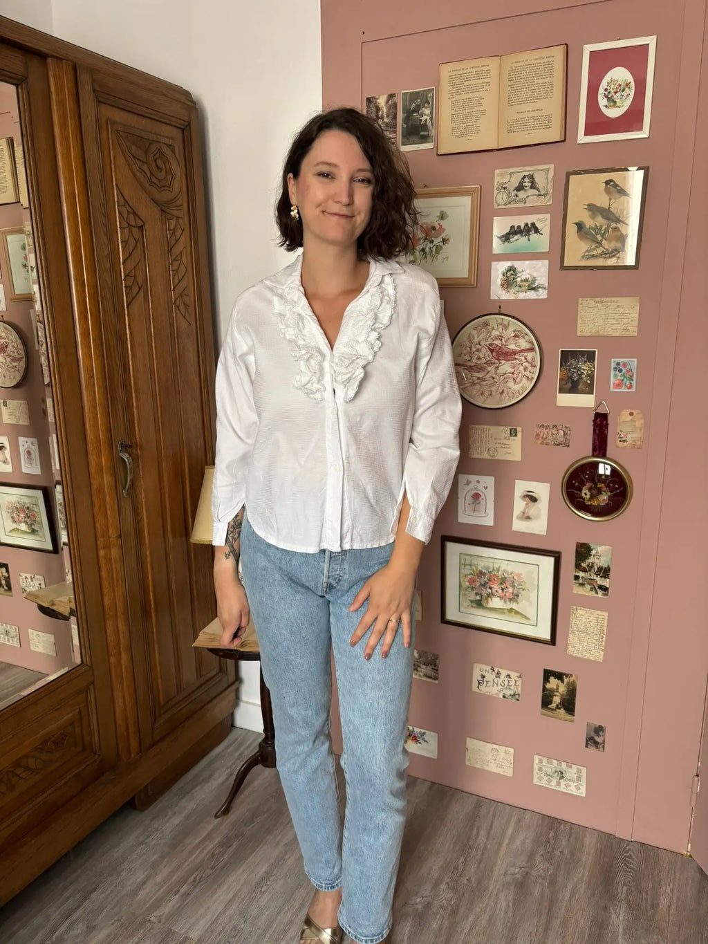Chemise vintage blanche à jabot volanté –T.38 - Années 80