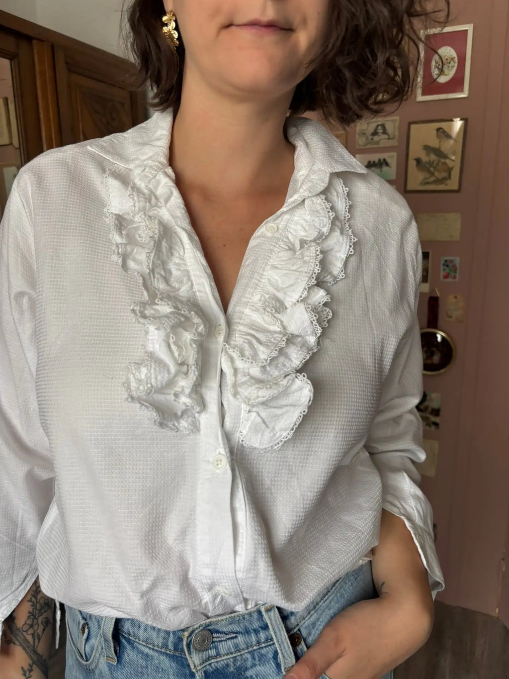 Chemise vintage blanche à jabot volanté –T.38 - Années 80