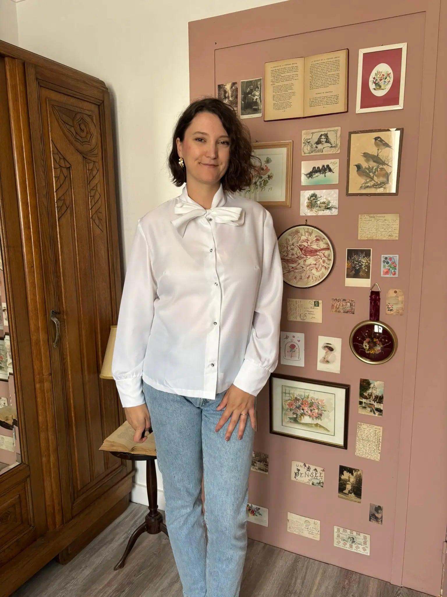 Chemise vintage blanche à col lavallière – Création Gerges Serre  T.42/44– Années 80