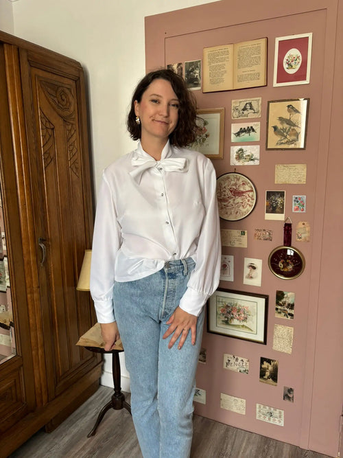 Chemise vintage blanche à col lavallière – Création Gerges Serre  T.42/44– Années 80