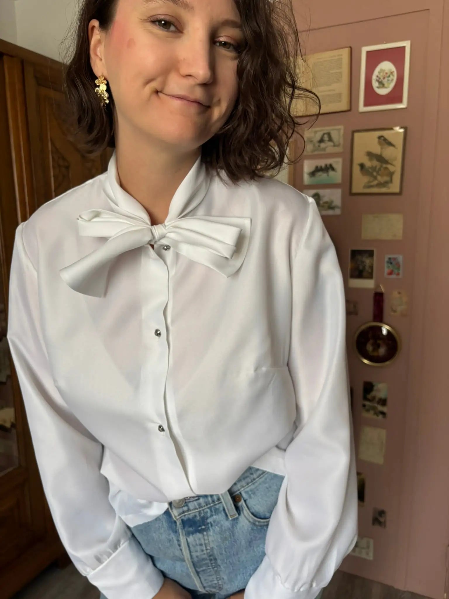Chemise vintage blanche à col lavallière – Création Gerges Serre  T.42/44– Années 80