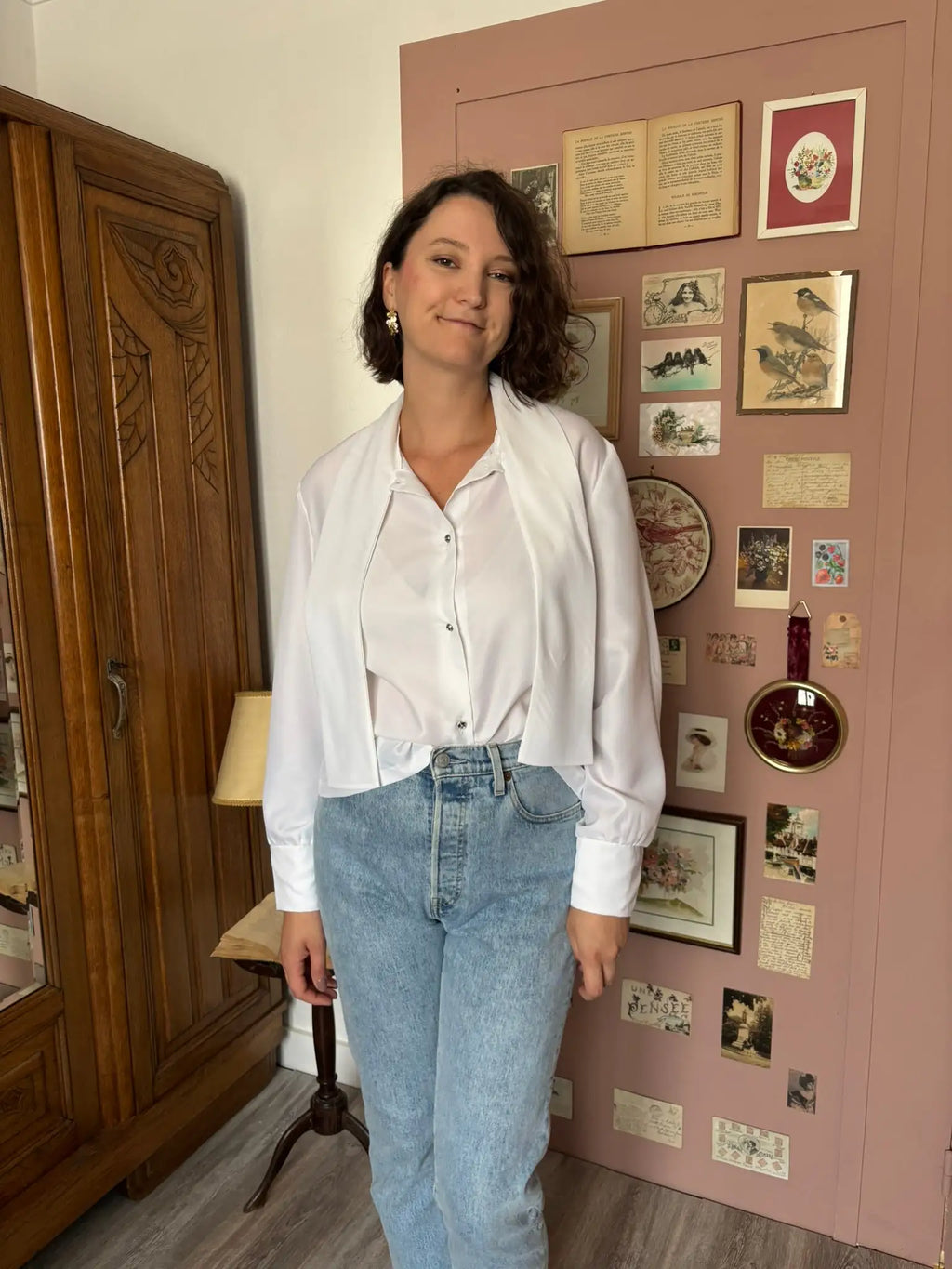 Chemise vintage blanche à col lavallière – Création Gerges Serre  T.42/44– Années 80