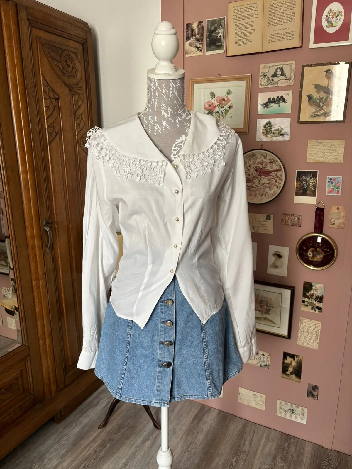 Chemise vintage blanche à grand col dentelle – T.34/36 - Années 80/90