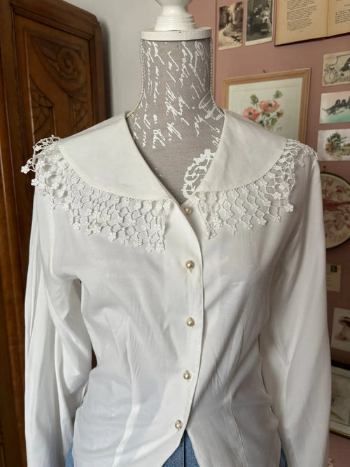 Chemise vintage blanche à grand col dentelle – T.34/36 - Années 80/90