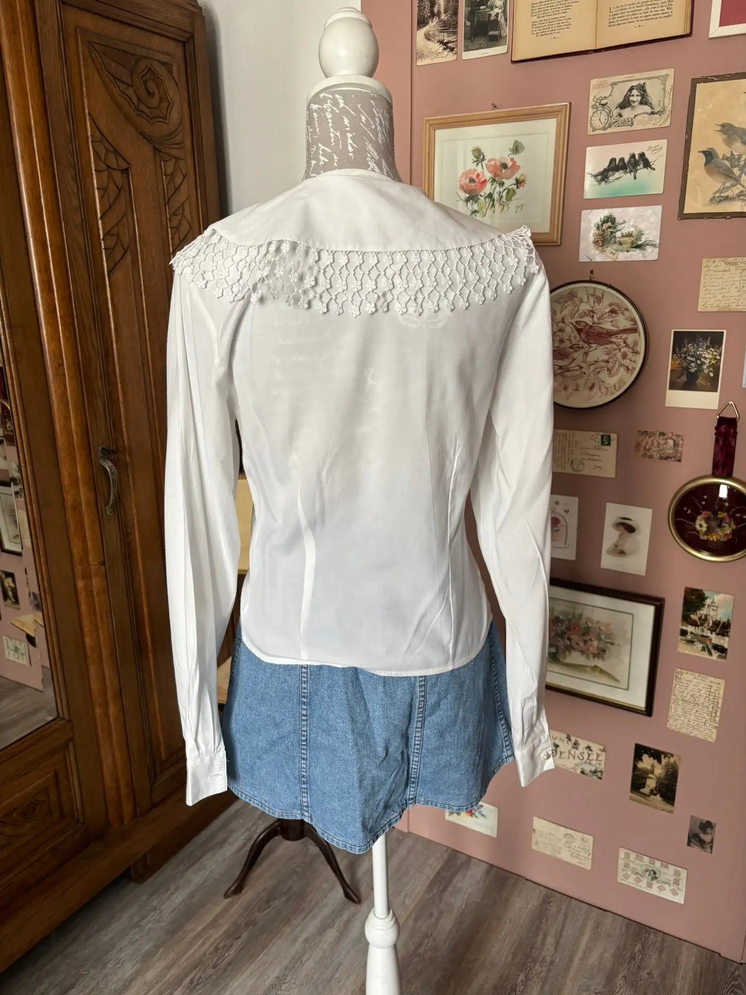 Chemise vintage blanche à grand col dentelle – T.34/36 - Années 80/90