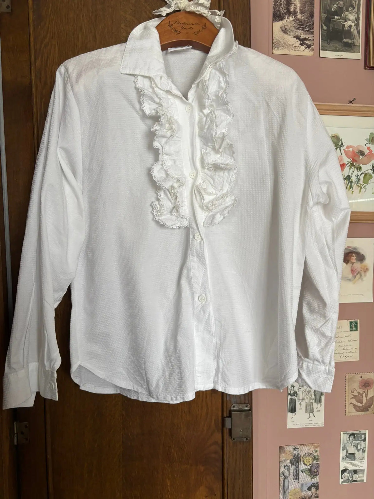 Chemise vintage blanche à jabot volanté –T.38 - Années 80