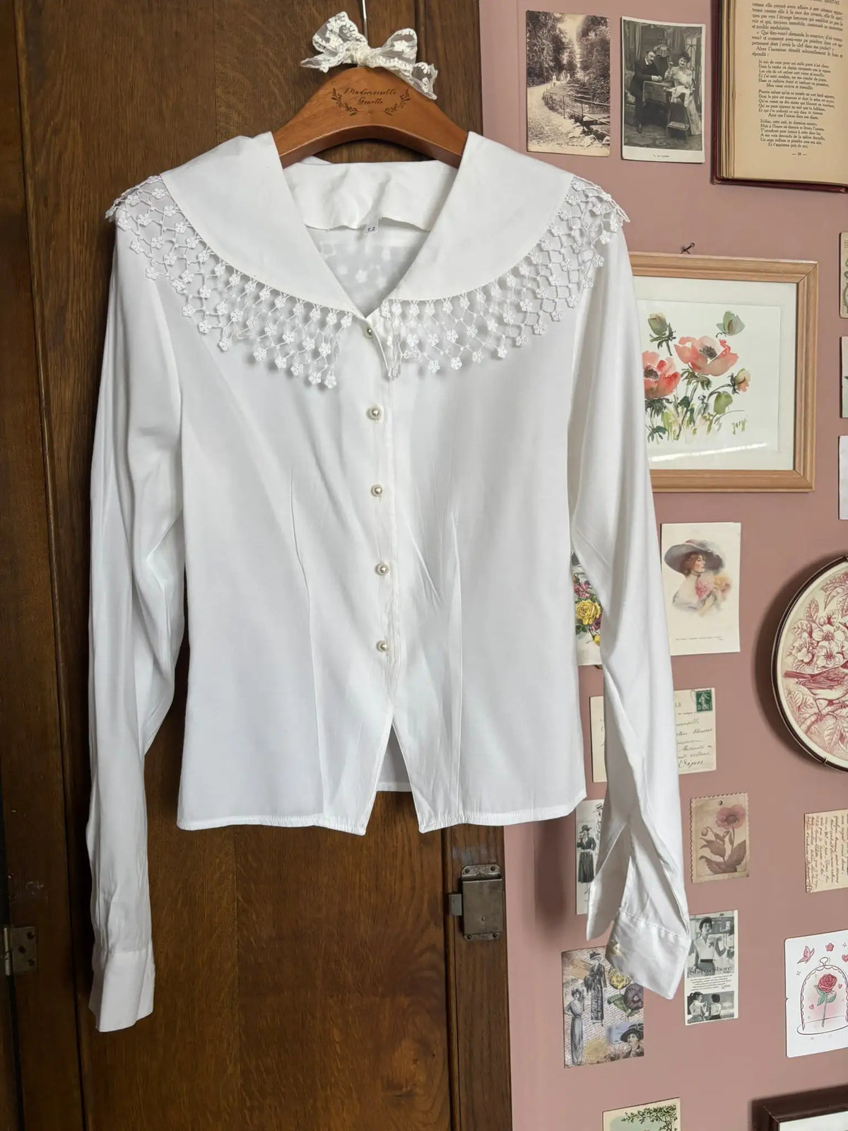 Chemise vintage blanche à grand col dentelle – T.34/36 - Années 80/90