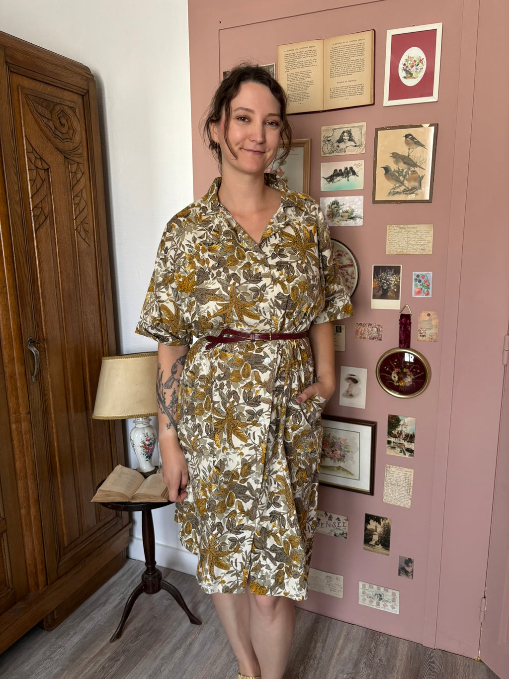 Robe chemise à imprimé feuillage – T.46/48 – Vintage années 80/90