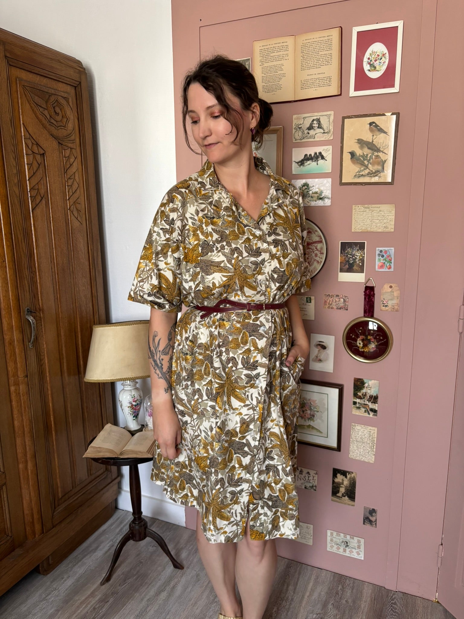 Robe chemise à imprimé feuillage – T.46/48 – Vintage années 80/90