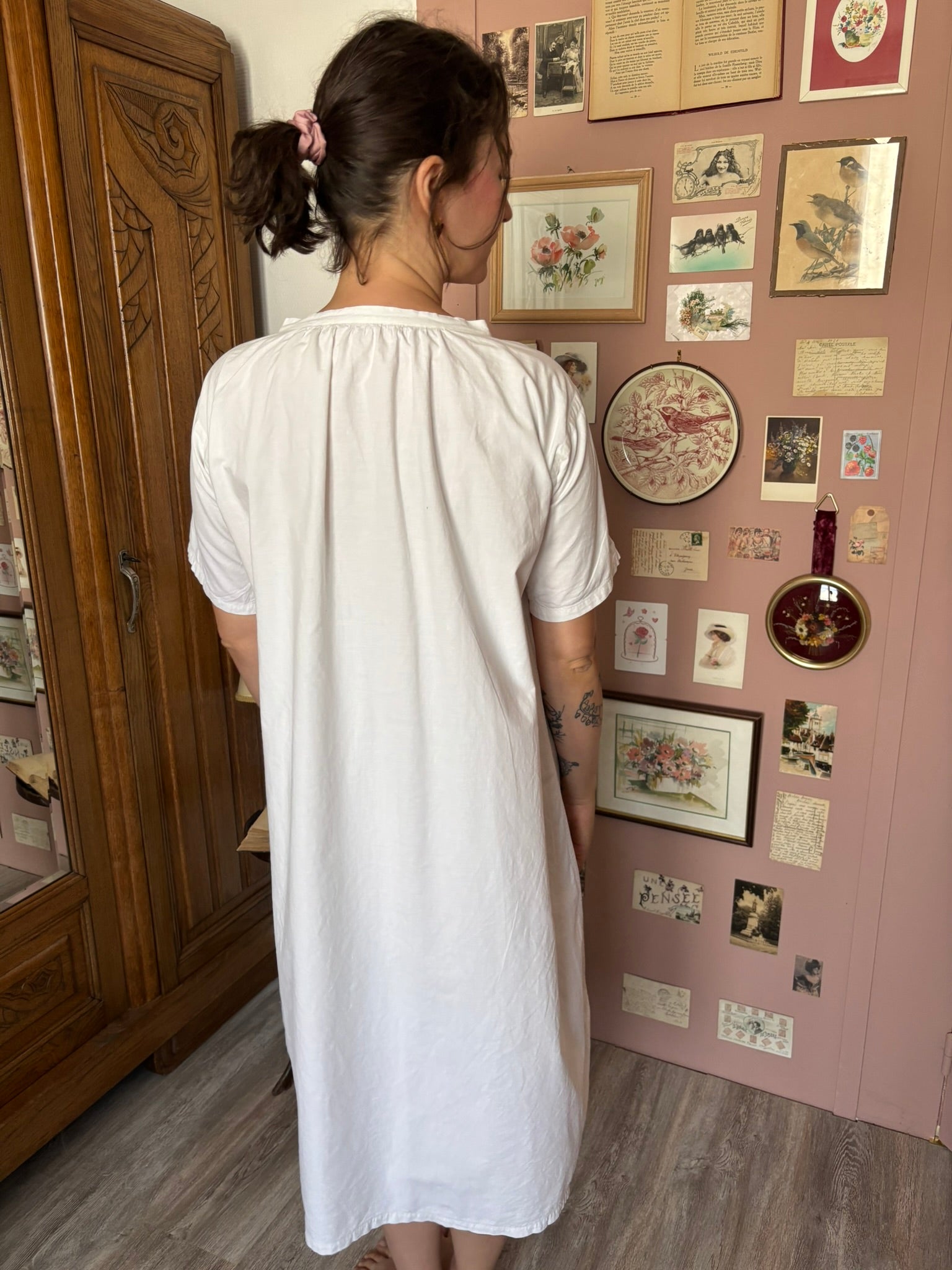 Chemise de nuit ancienne blanche monogrammée – Du 38 au 46 -  Vintage début XXe siècle