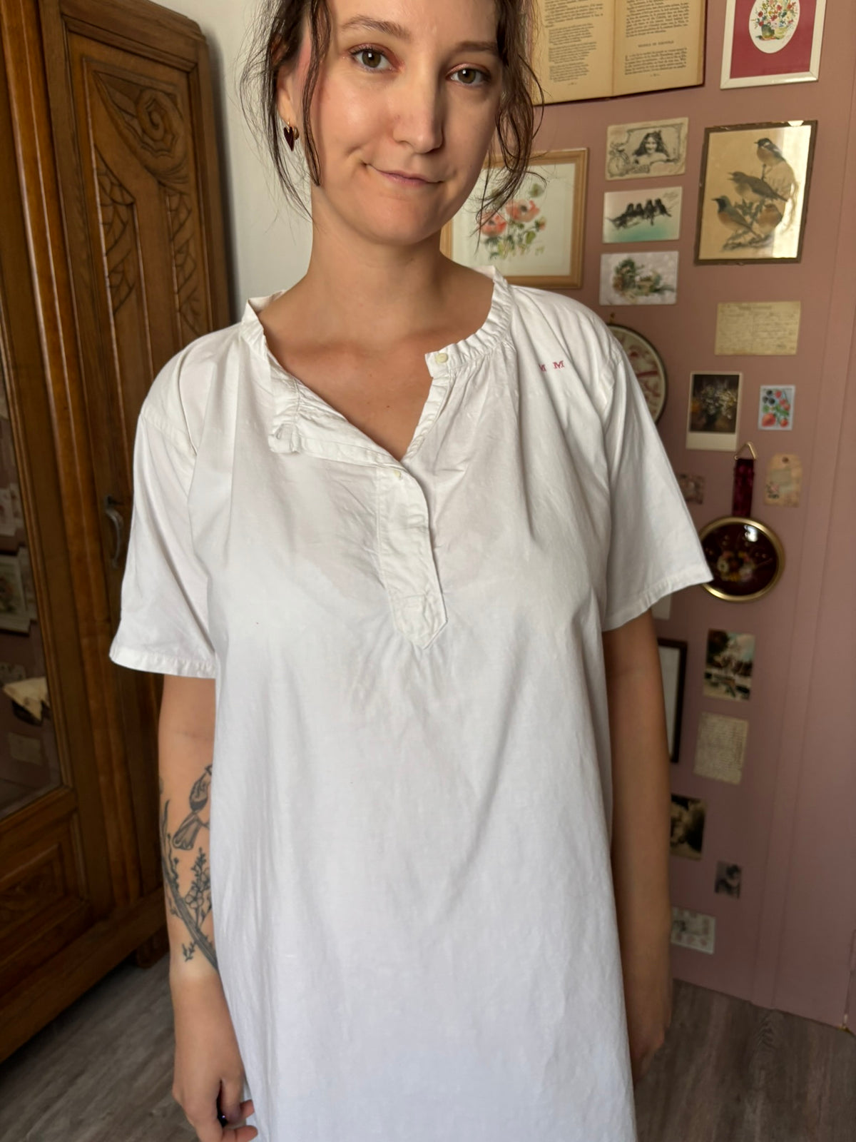 Chemise de nuit ancienne blanche monogrammée – Du 38 au 46 -  Vintage début XXe siècle