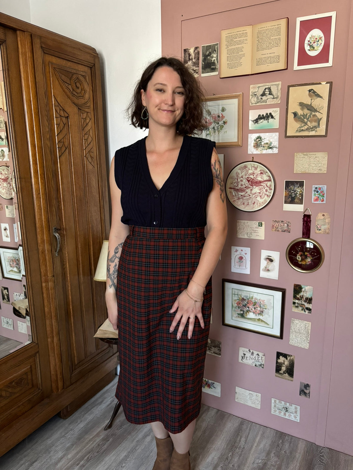 Jupe midi tartan en laine mélangée – T.46 – Années 90