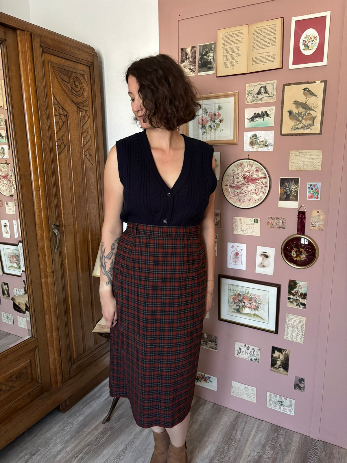 Jupe midi tartan en laine mélangée – T.46 – Années 90