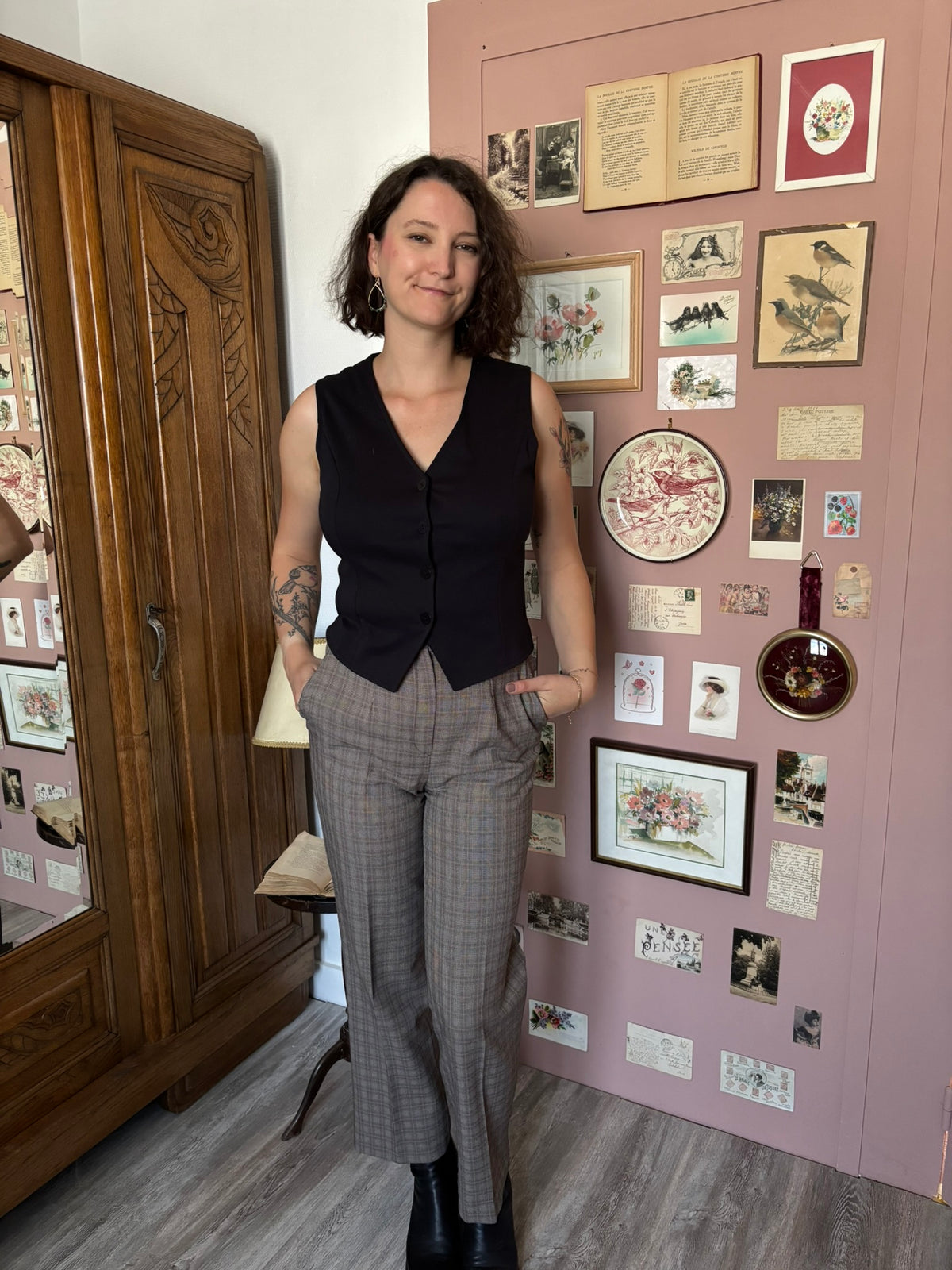 Pantalon taille haute à pinces et carreaux – T.36/petit 38 – Années 90