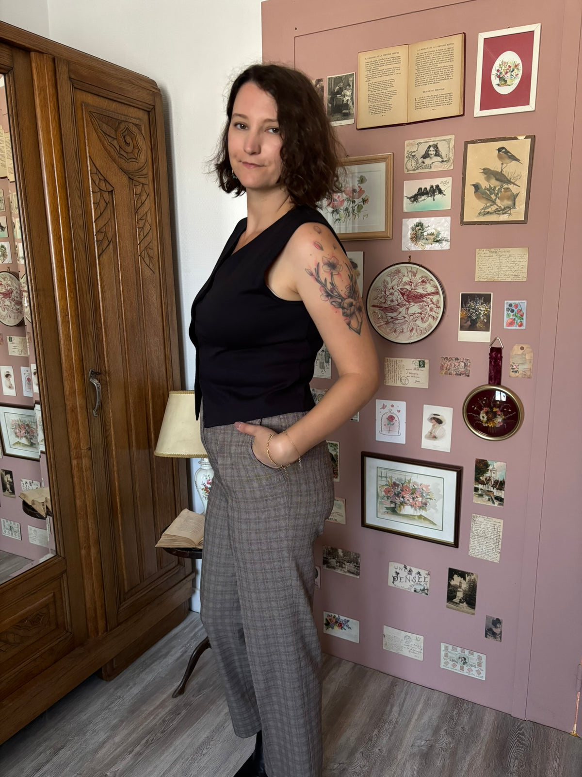 Pantalon taille haute à pinces et carreaux – T.36/petit 38 – Années 90