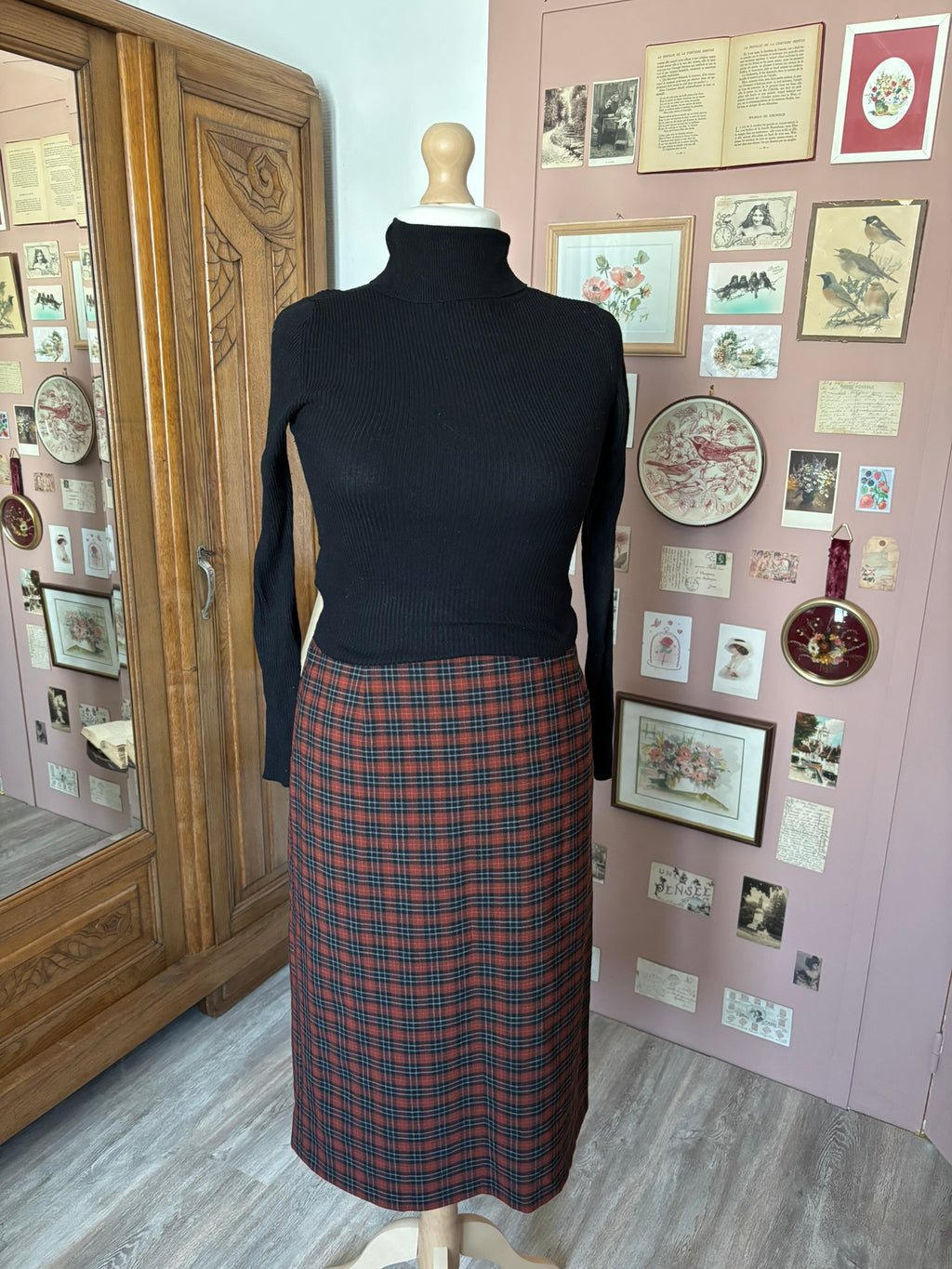 Jupe midi tartan en laine mélangée – T.46 – Années 90