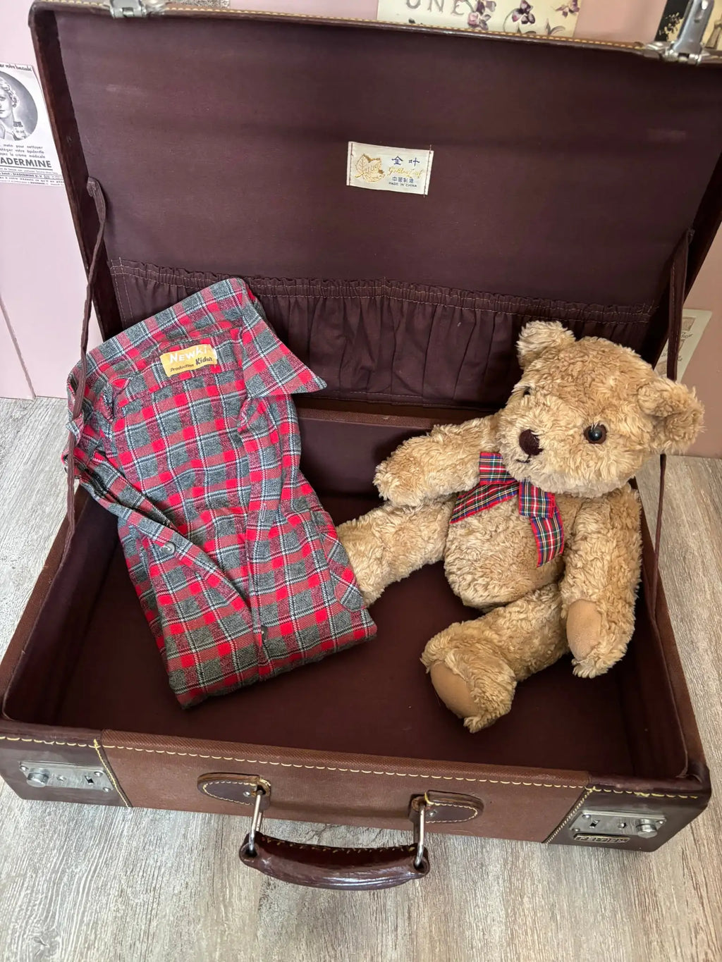 Chemise enfant vintage en flanelle à carreaux rouge et gris – Newki – T.12/14 ans - Années 70/80