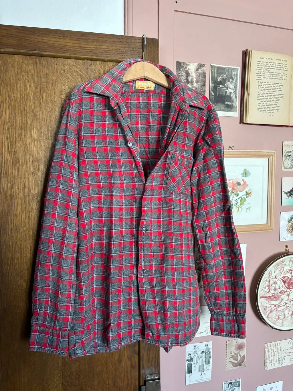 Chemise enfant vintage en flanelle à carreaux rouge et gris – Newki – T.12/14 ans - Années 70/80