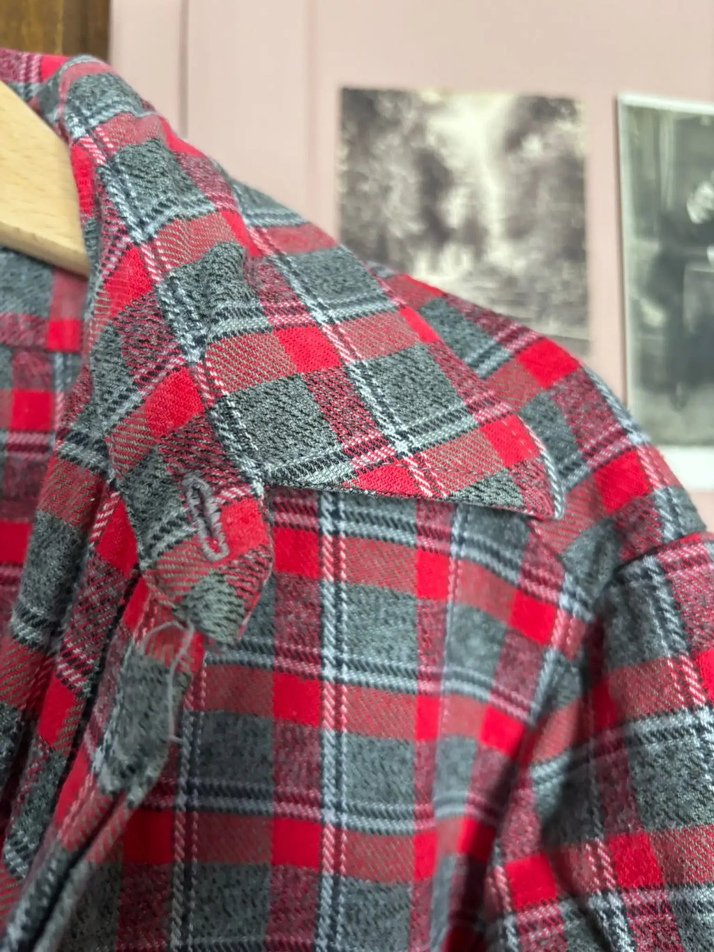 Chemise enfant vintage en flanelle à carreaux rouge et gris – Newki – T.12/14 ans - Années 70/80