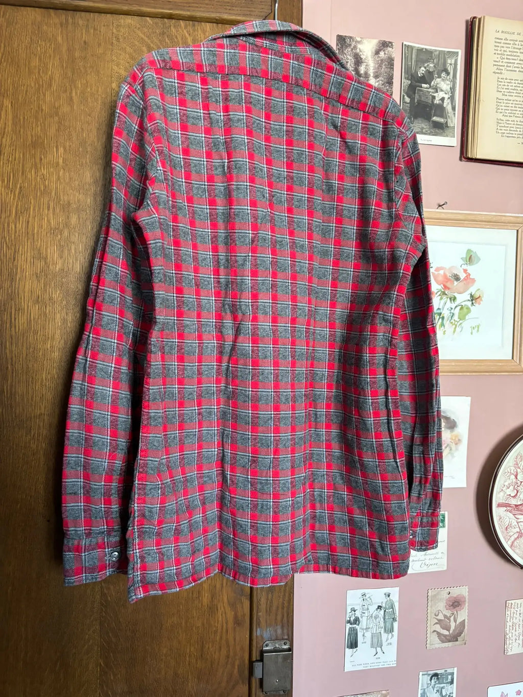 Chemise enfant vintage en flanelle à carreaux rouge et gris – Newki – T.12/14 ans - Années 70/80