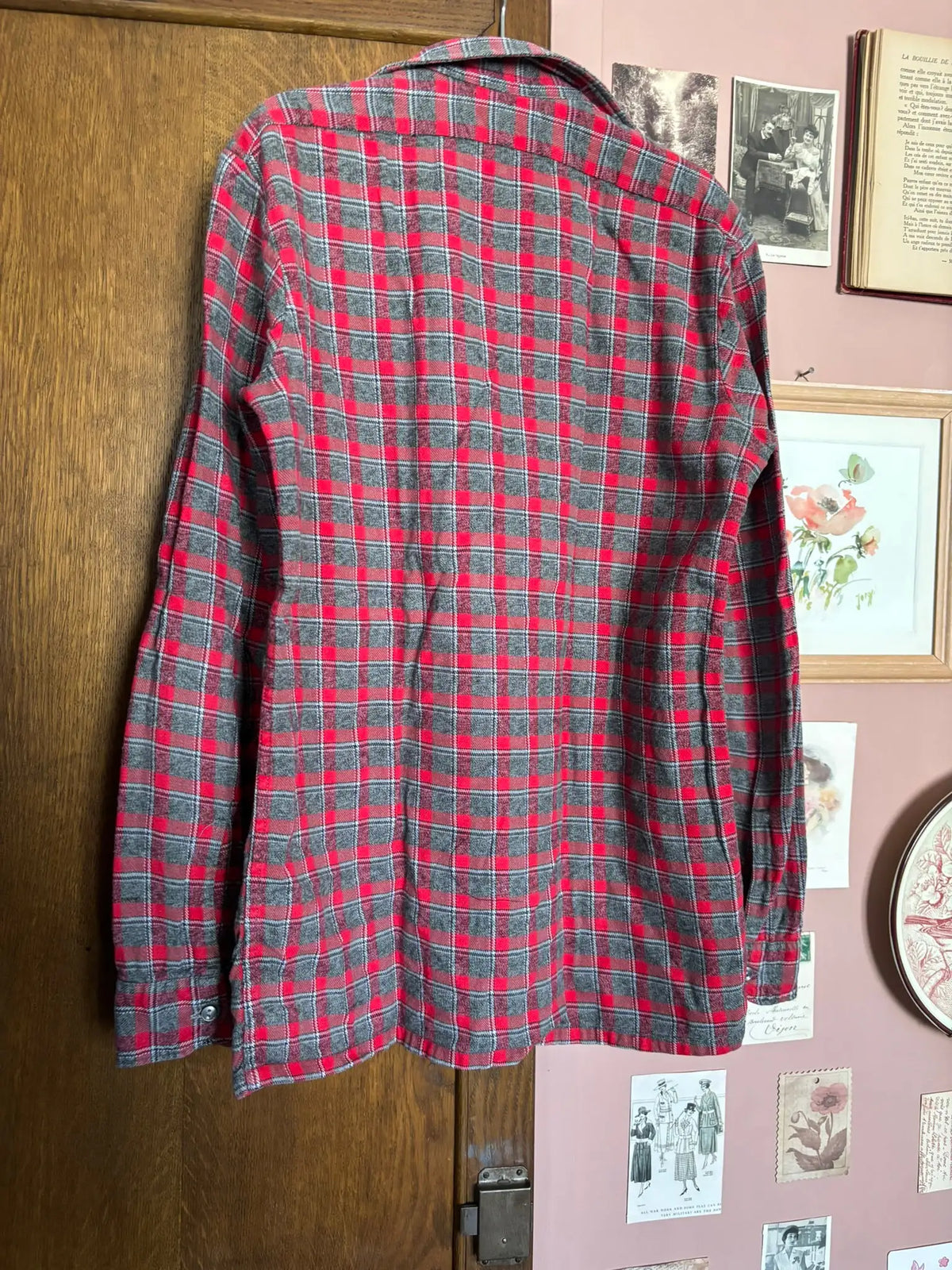 Chemise enfant vintage en flanelle à carreaux rouge et gris – Newki – T.12/14 ans - Années 70/80
