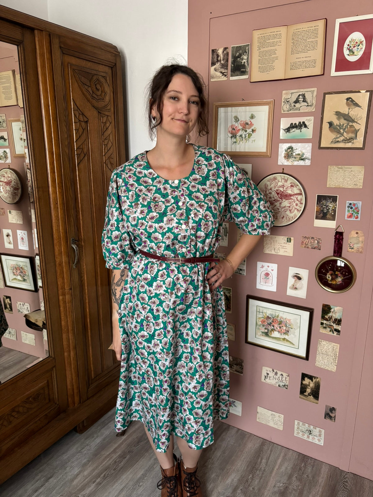 Robe midi fleurie verte – T. 42/44 – Vintage années 80/90
