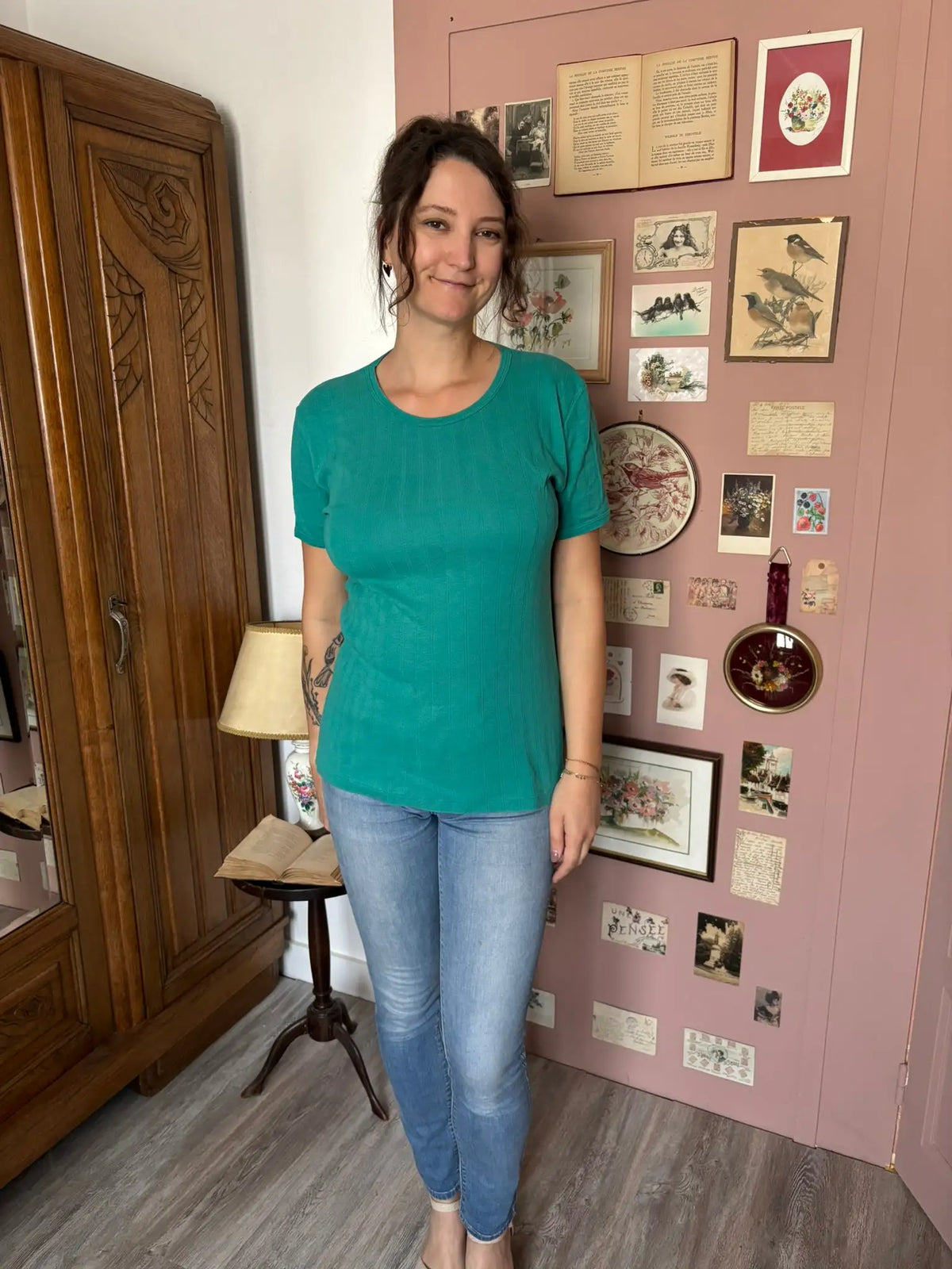T-shirt vintage côtelé turquoise Mécène – Du 38 au 42 -  Années 90