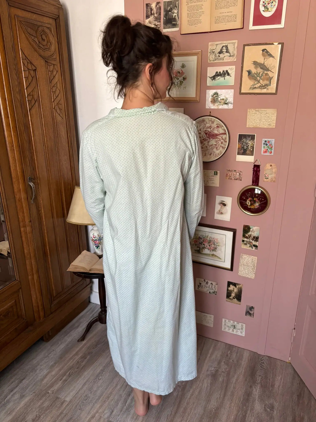 Chemise de nuit longue vintage – Petits motifs verts - Du 36 au 40 - Années 70/80