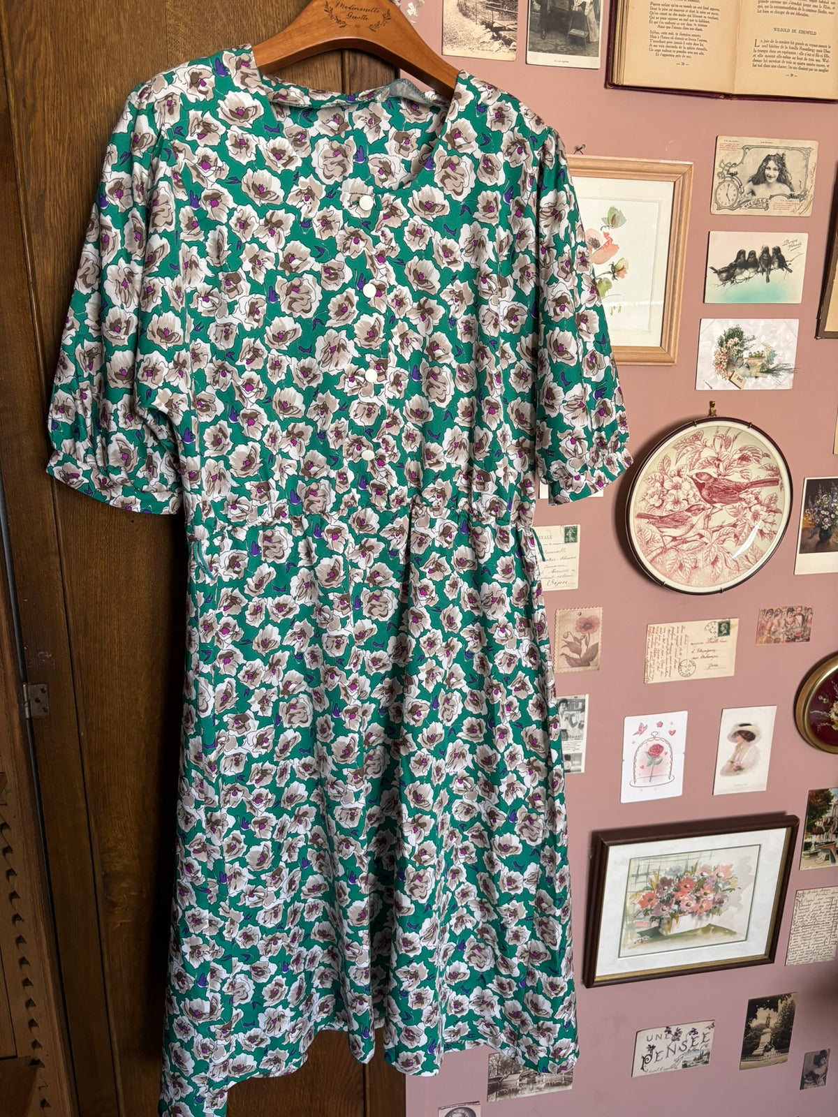 Robe midi fleurie verte – T. 42/44 – Vintage années 80/90