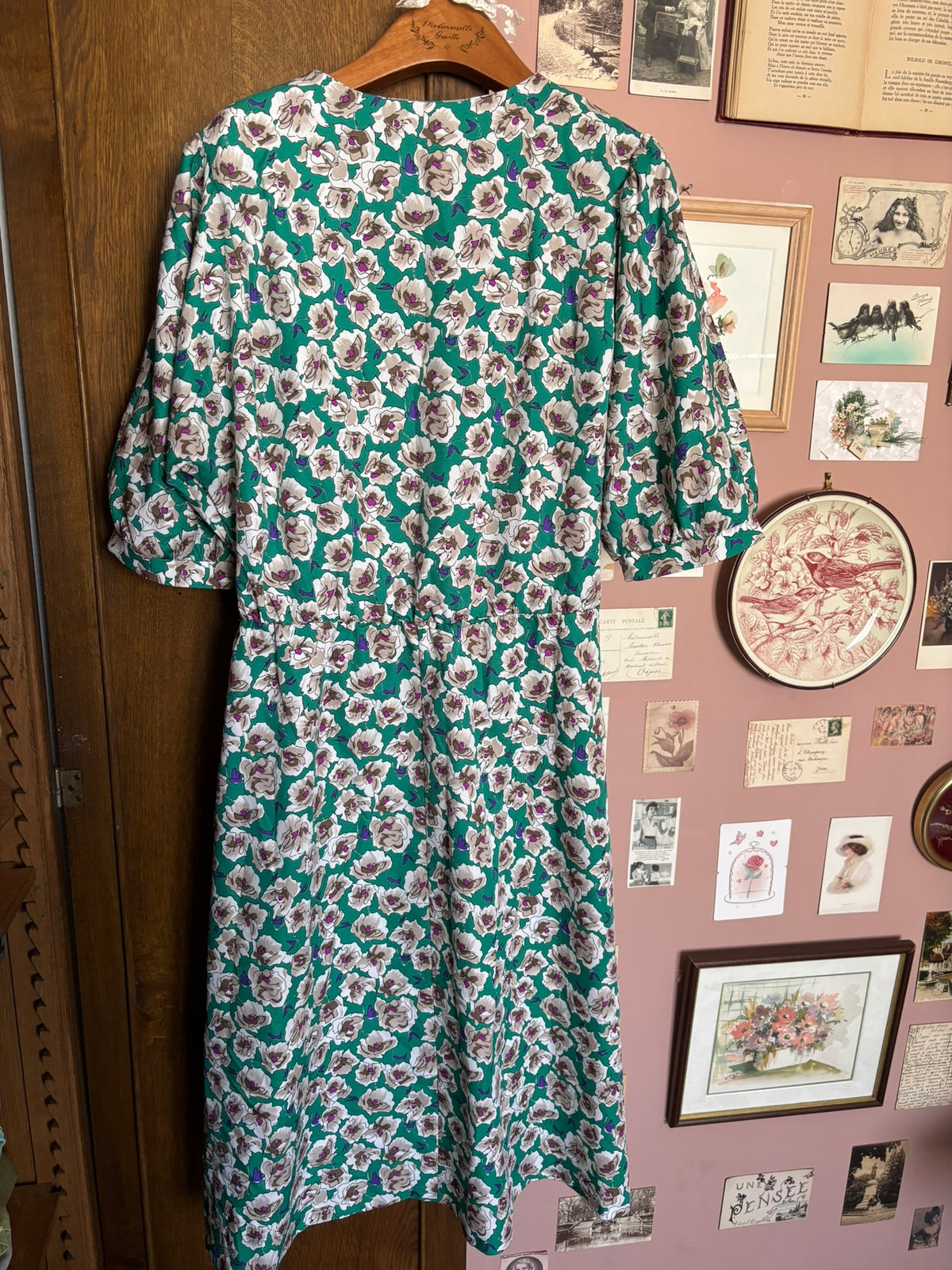 Robe midi fleurie verte – T. 42/44 – Vintage années 80/90