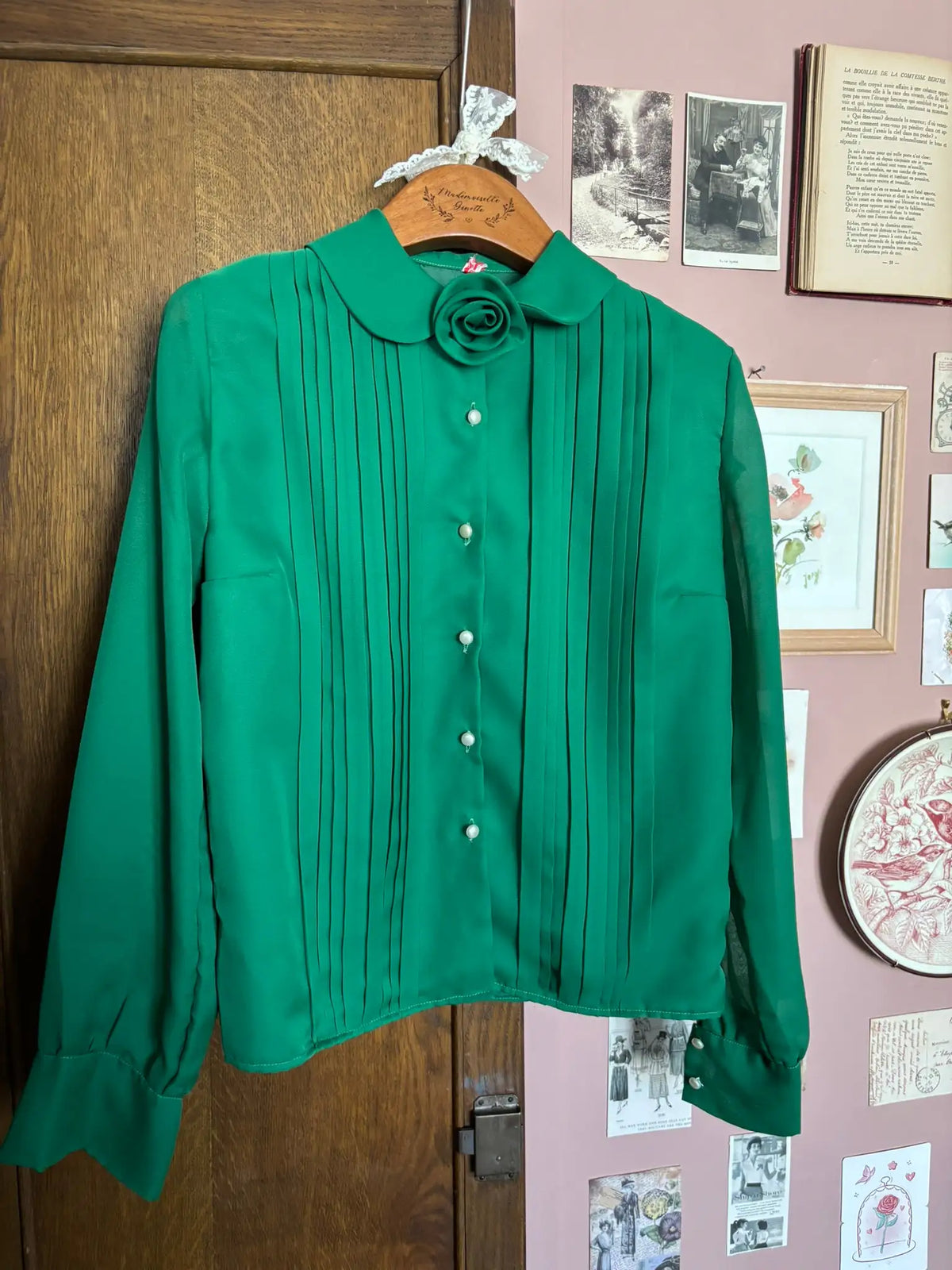 Chemisier vintage vert émeraude à rose et plis -  T.36/38 - Années 80