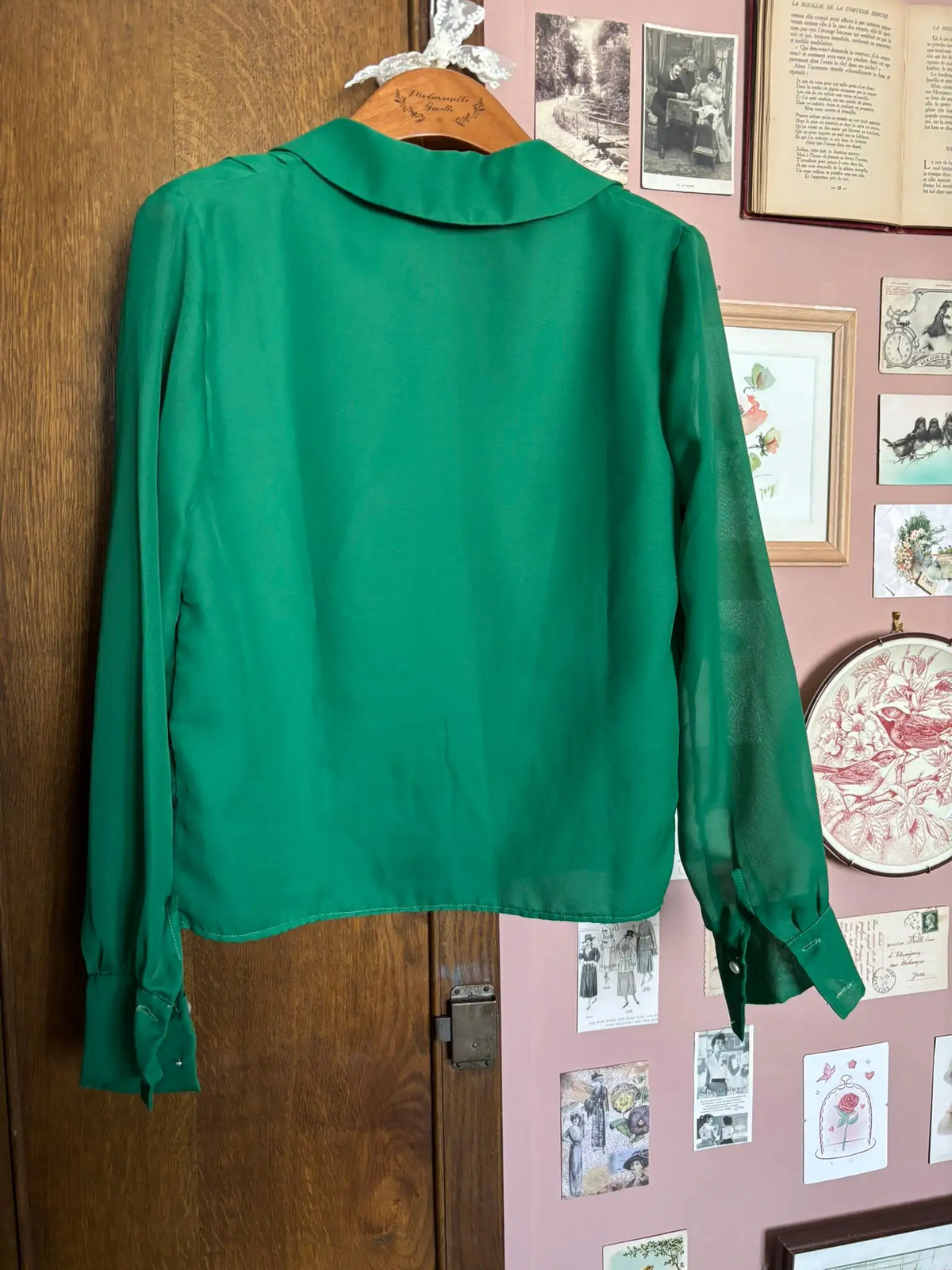 Chemisier vintage vert émeraude à rose et plis -  T.36/38 - Années 80