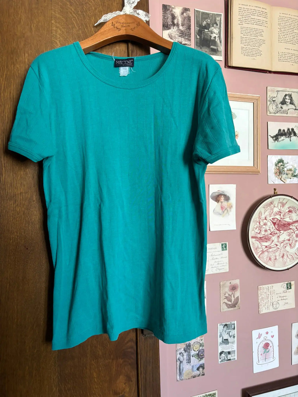 T-shirt vintage côtelé turquoise Mécène – Du 38 au 42 -  Années 90