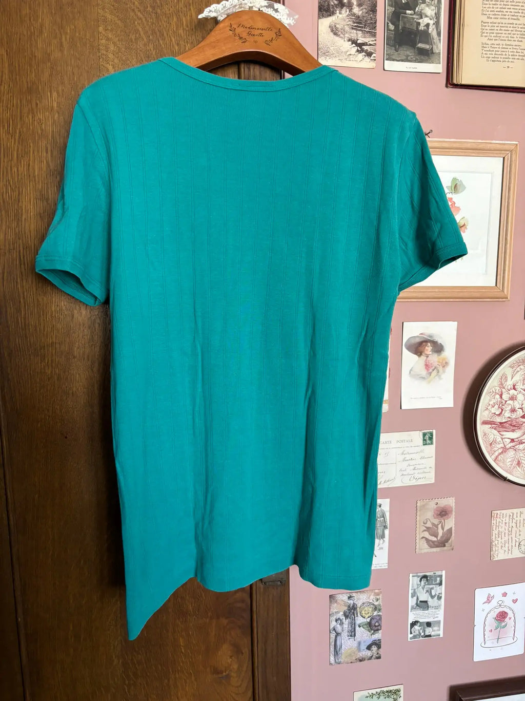 T-shirt vintage côtelé turquoise Mécène – Du 38 au 42 -  Années 90