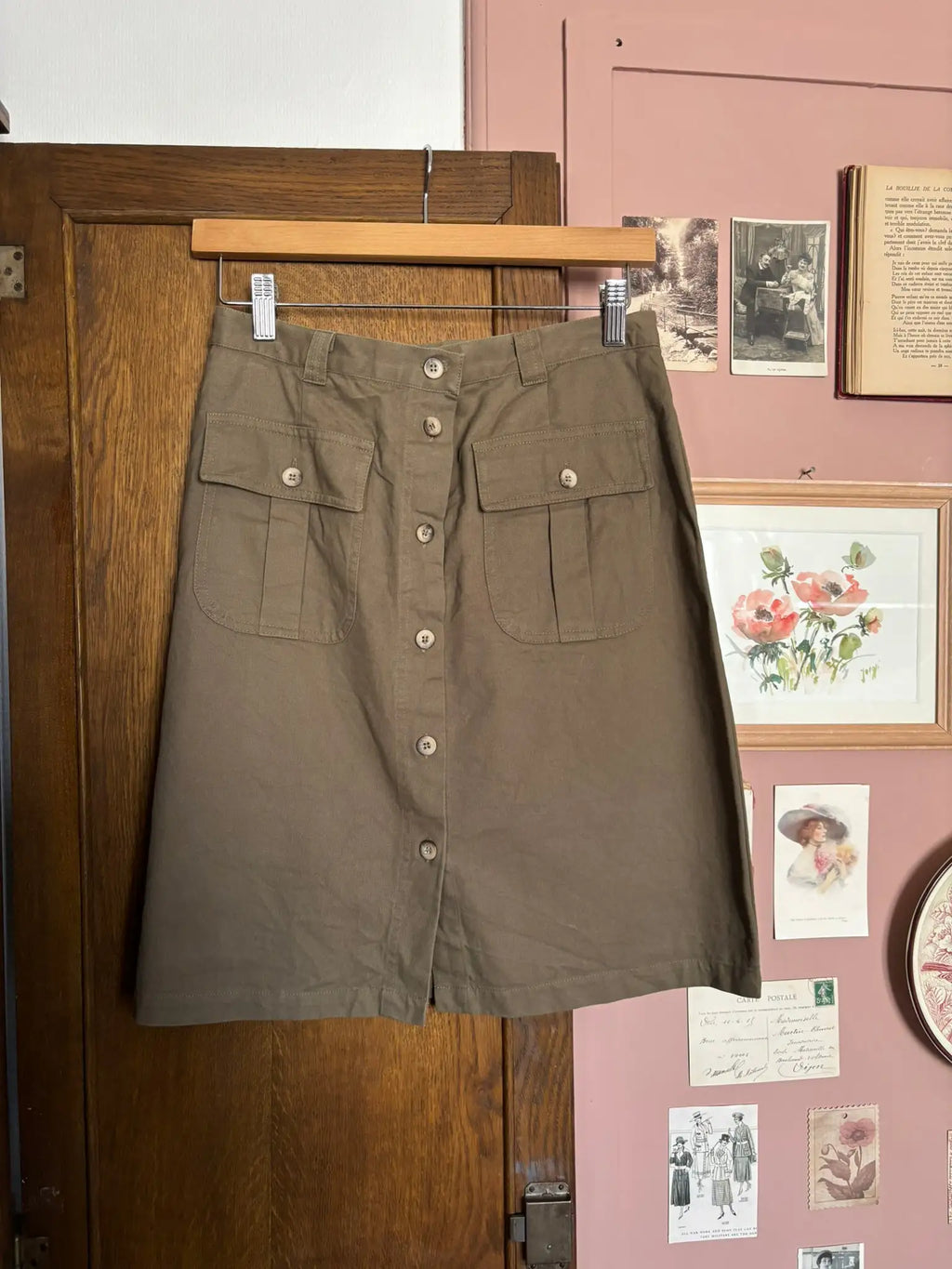 Jupe trapèze kaki boutonnée – T.36/38 – Vintage années 90/2000