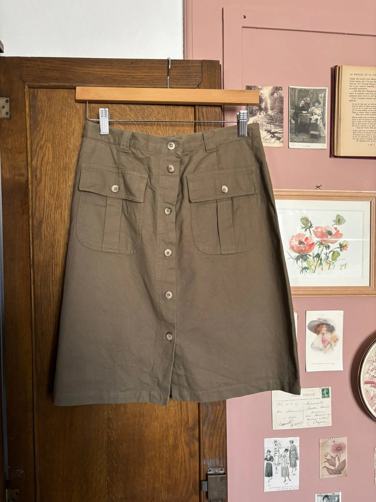Jupe trapèze kaki boutonnée – T.36/38 – Vintage années 90/2000