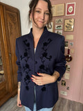 Blazer vintage Weinberg en laine bleu marine – broderies florales – Du 38 au 42 - Années 80/90
