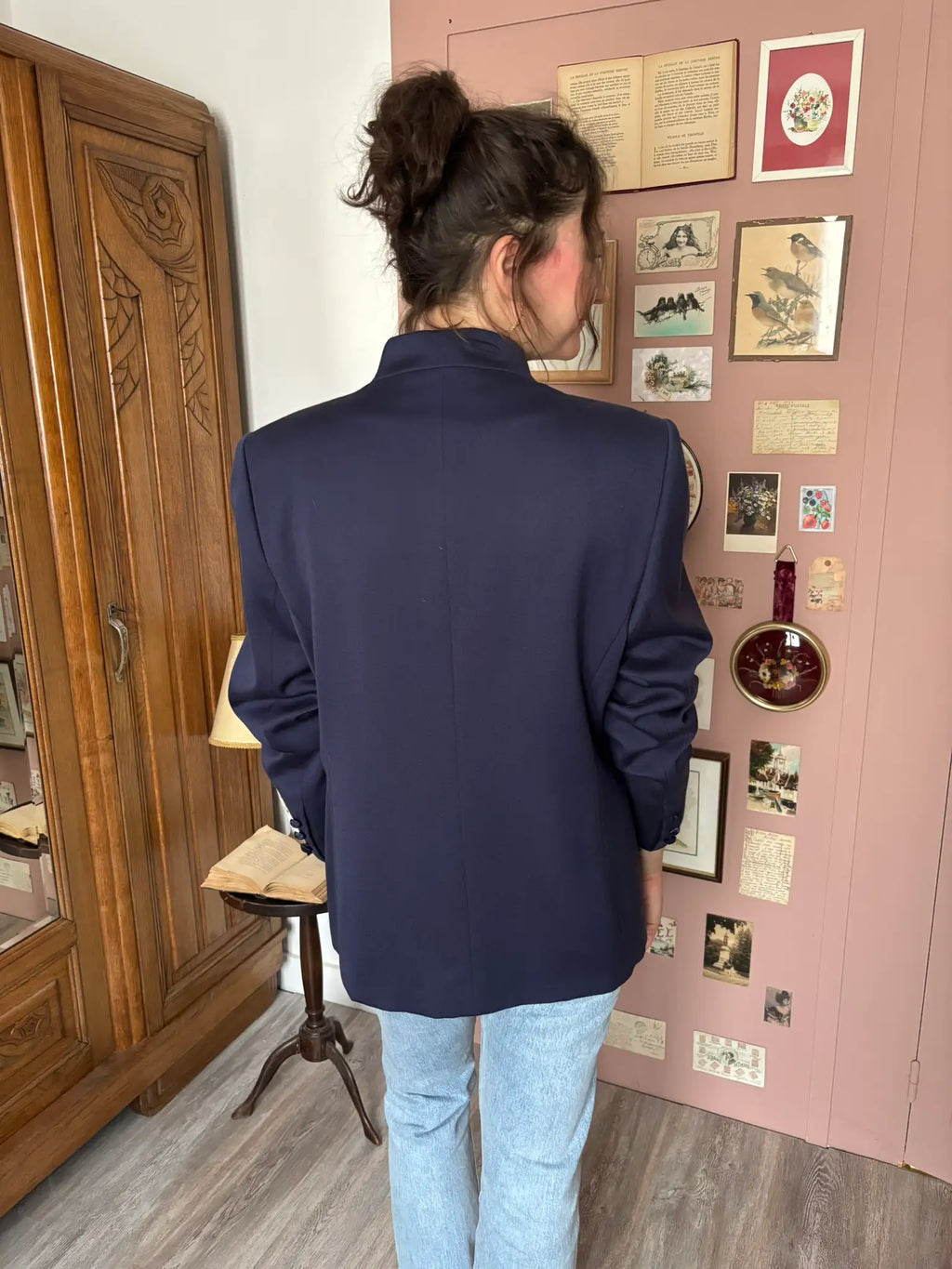 Blazer vintage Weinberg en laine bleu marine – broderies florales – Du 38 au 42 - Années 80/90