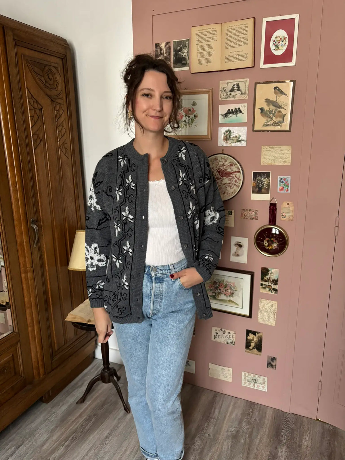 Cardigan vintage gris à motifs jacquard - Du 38 au 44 - Années 80/90