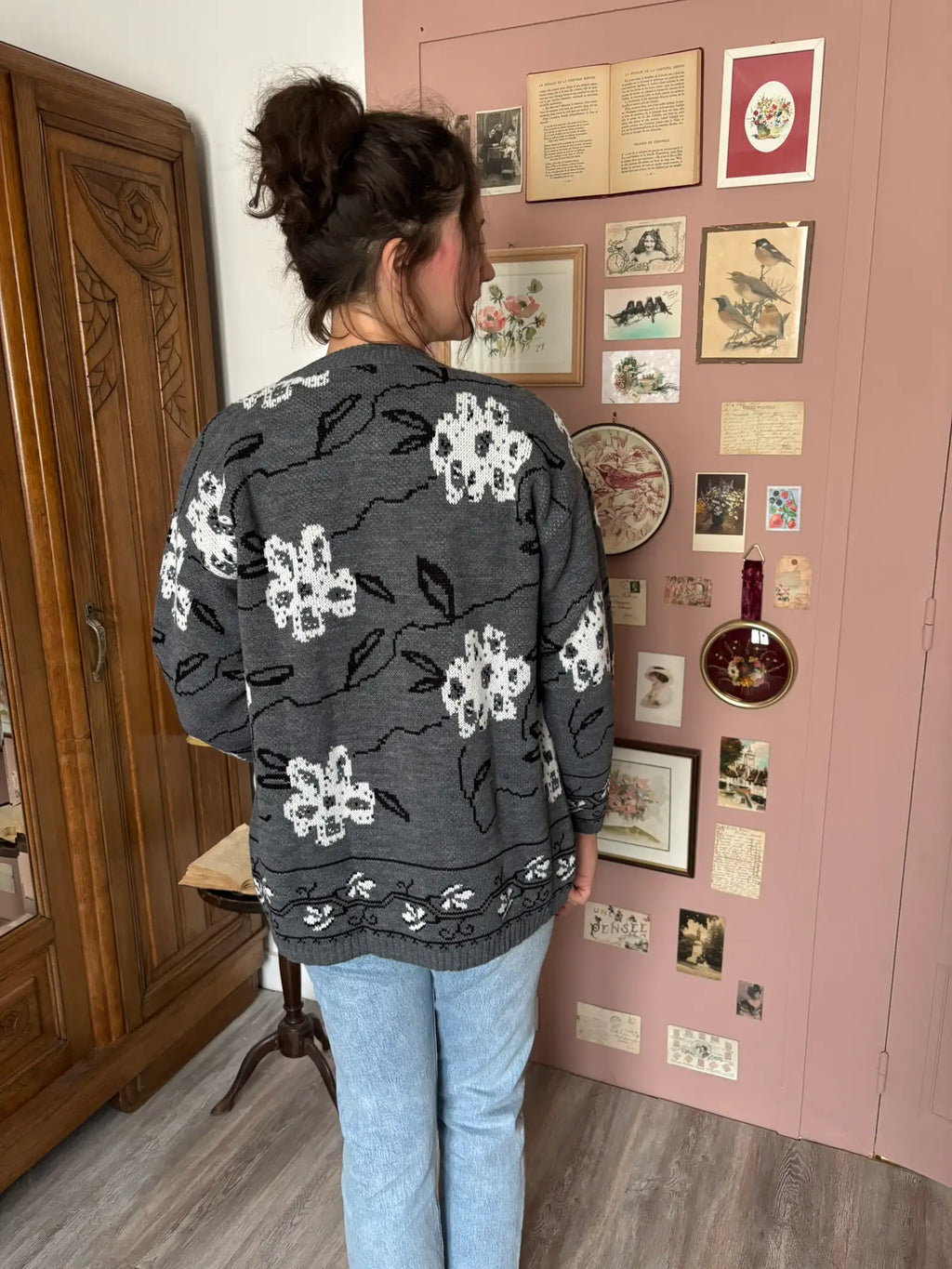 Vintage grey jacquard pattern cardigan - Sizes 38 to 44 - 80s/90s