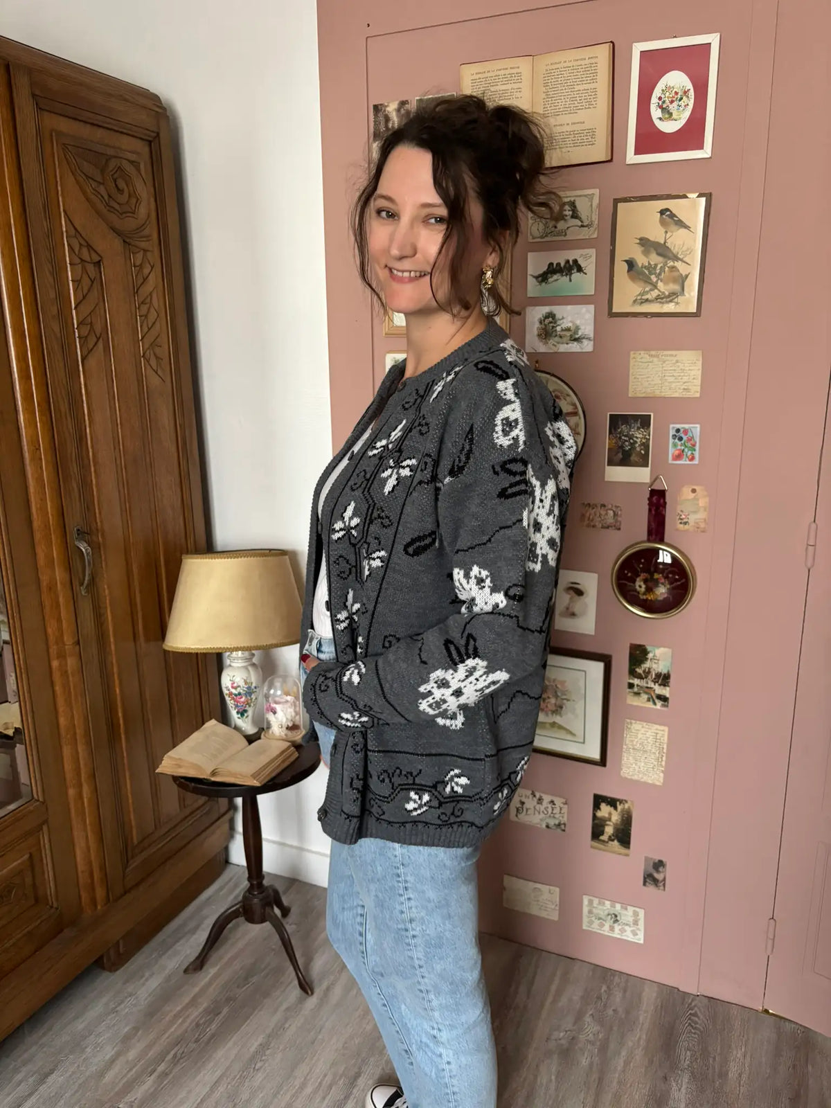 Cardigan vintage gris à motifs jacquard - Du 38 au 44 - Années 80/90