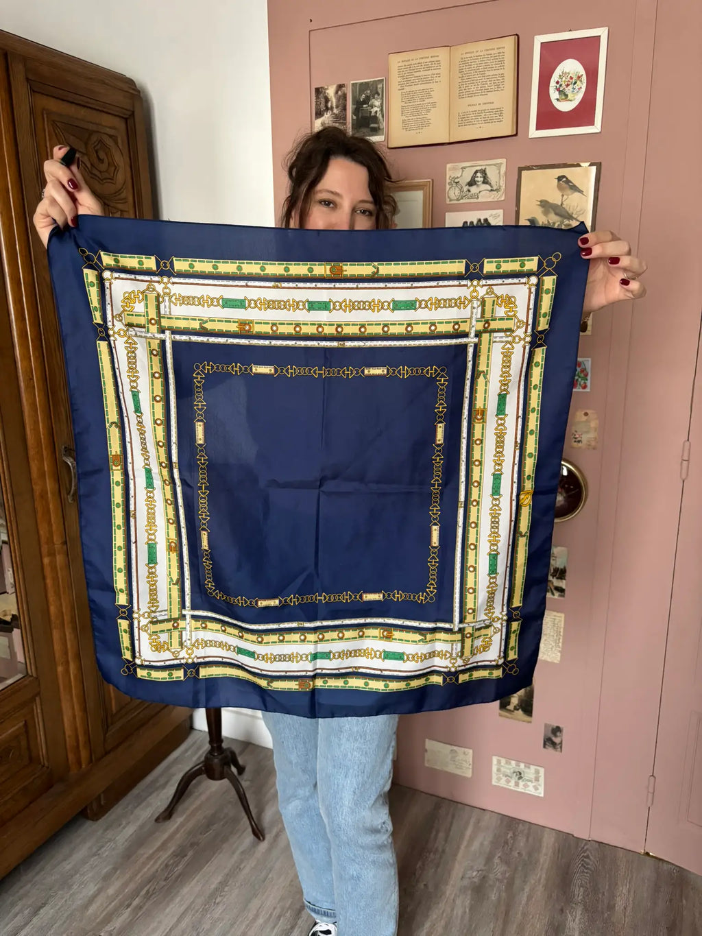 Vintage navy blue equestrian-inspired scarf - 1980s