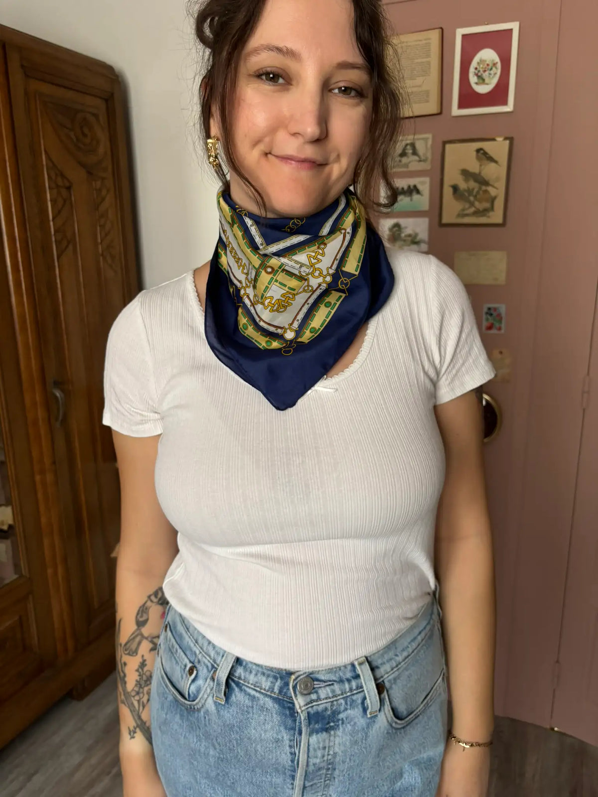 Vintage navy blue equestrian-inspired scarf - 1980s