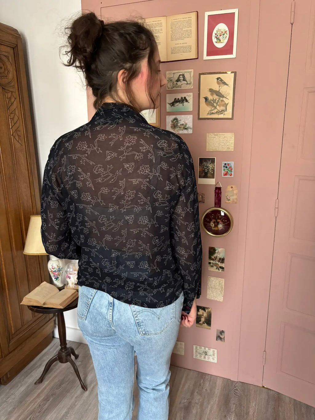 Navy blue floral sheer shirt – Size 38/40 – 90s/2000s