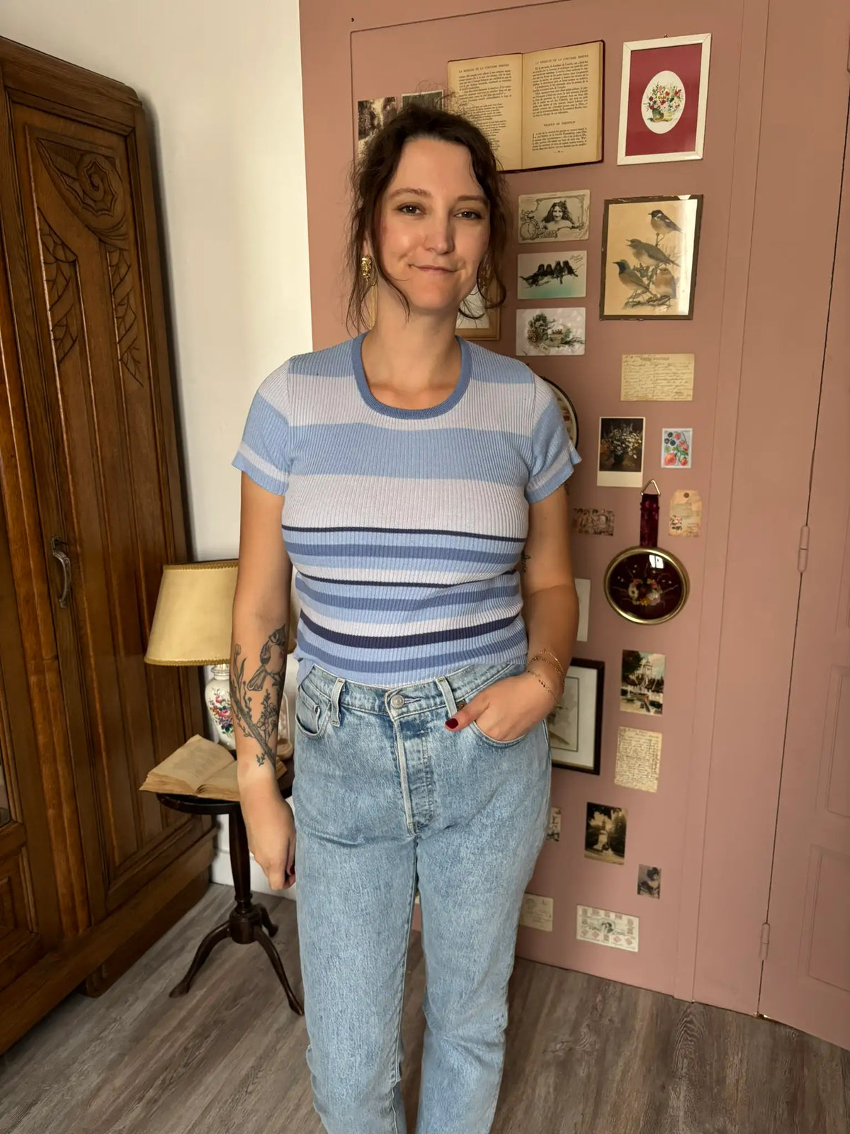T-shirt vintage en maille rayée bleu – T.34/36 -  Années 90/2000
