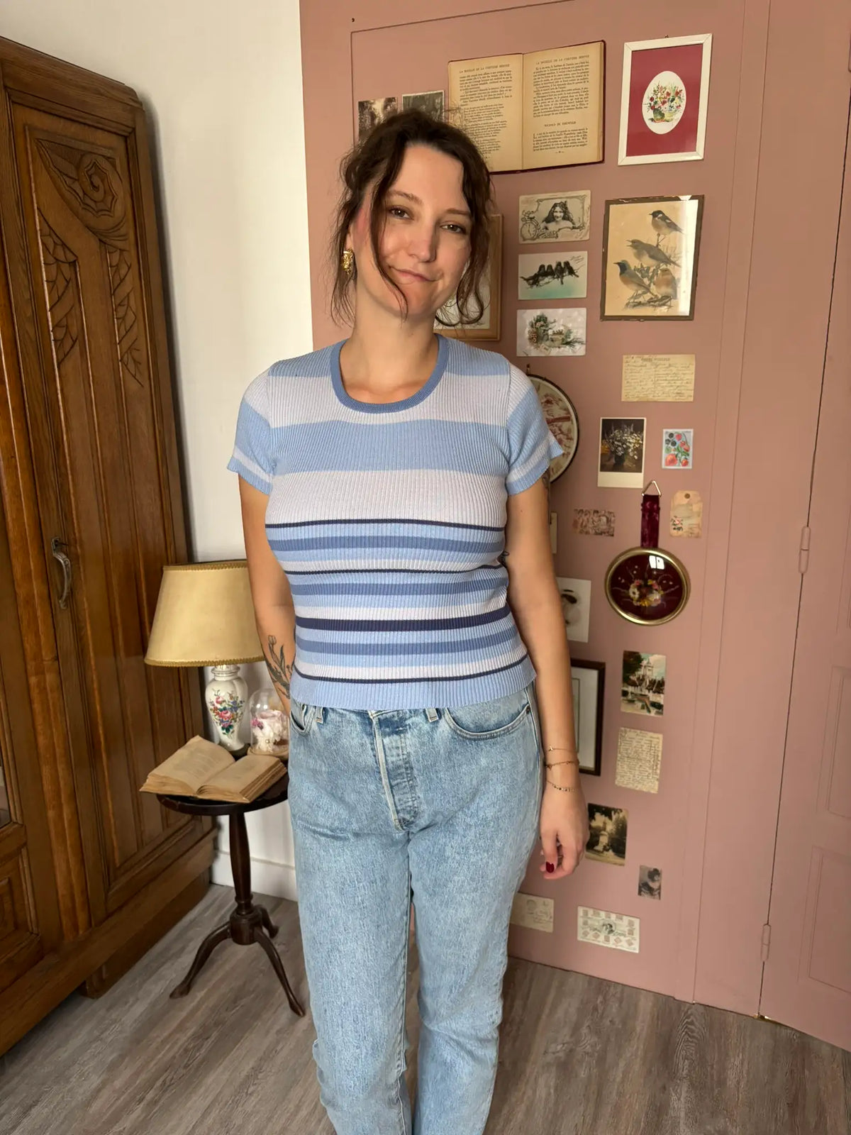 T-shirt vintage en maille rayée bleu – T.34/36 -  Années 90/2000