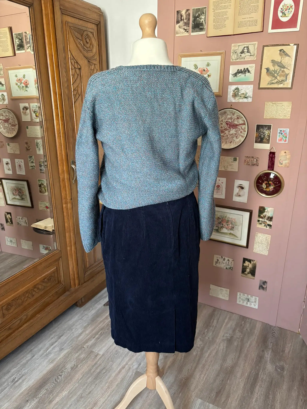 Jupe midi vintage en velours côtelé bleu marine – T.46 - Années 80