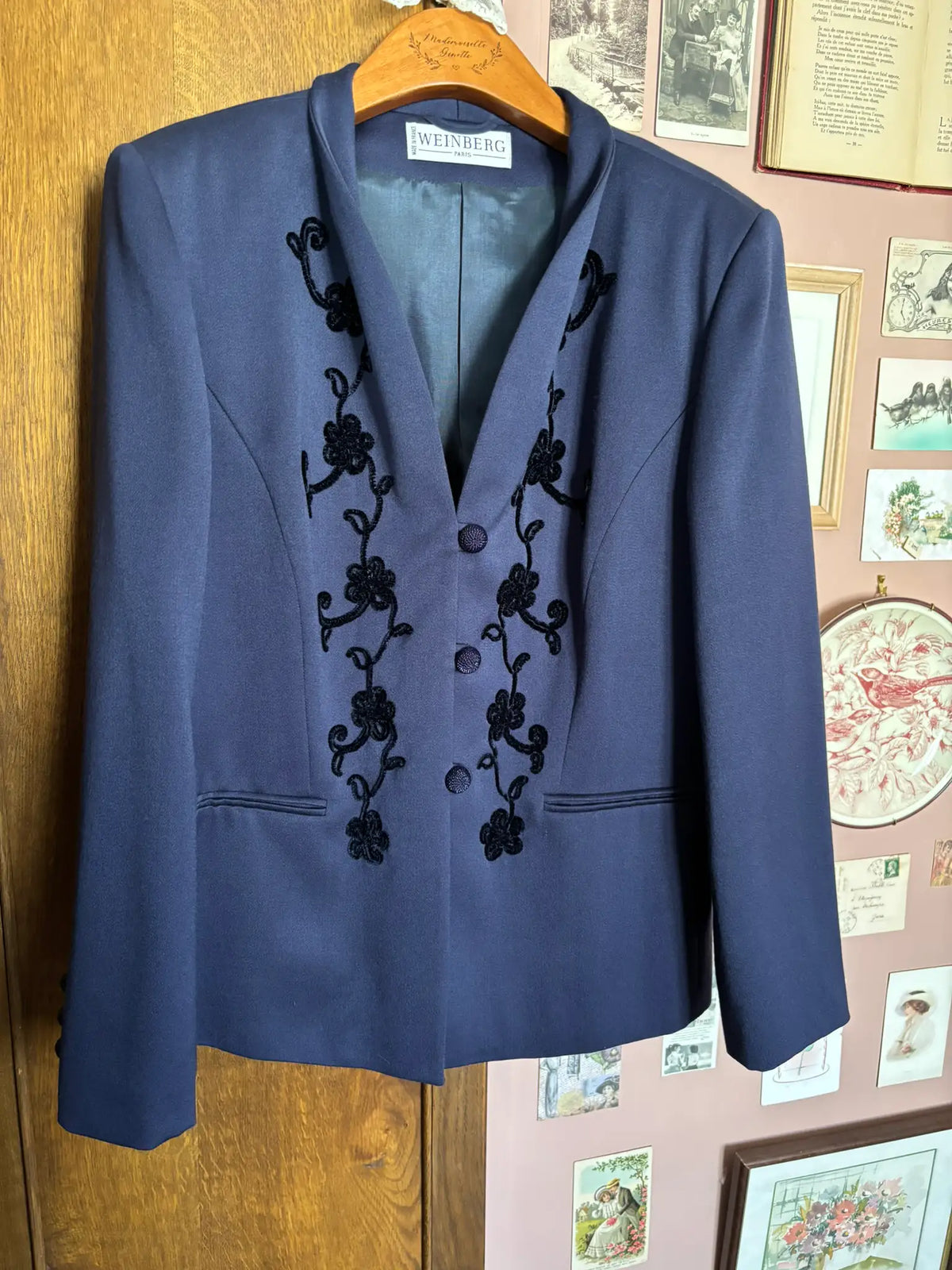 Blazer vintage Weinberg en laine bleu marine – broderies florales – Du 38 au 42 - Années 80/90