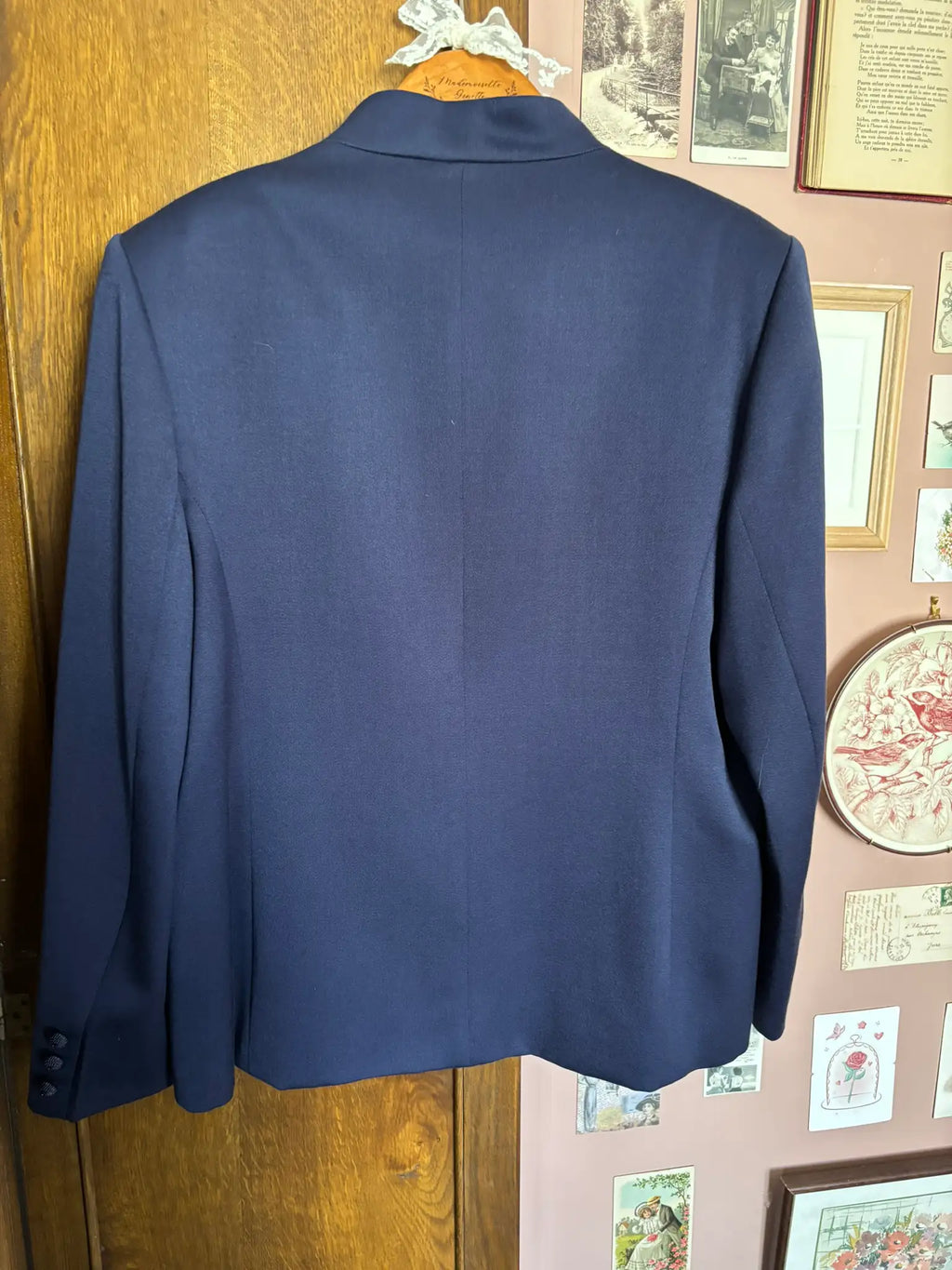 Blazer vintage Weinberg en laine bleu marine – broderies florales – Du 38 au 42 - Années 80/90